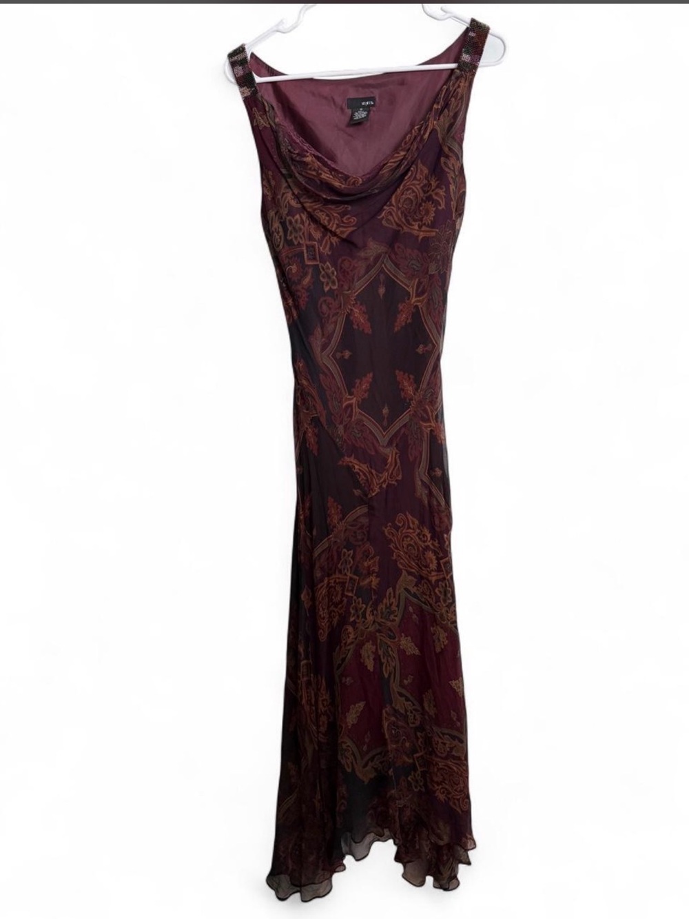 Vintage 100% Silk Mixit Burgundy and Brown Paisley Cowl-Neck Maxi Dress